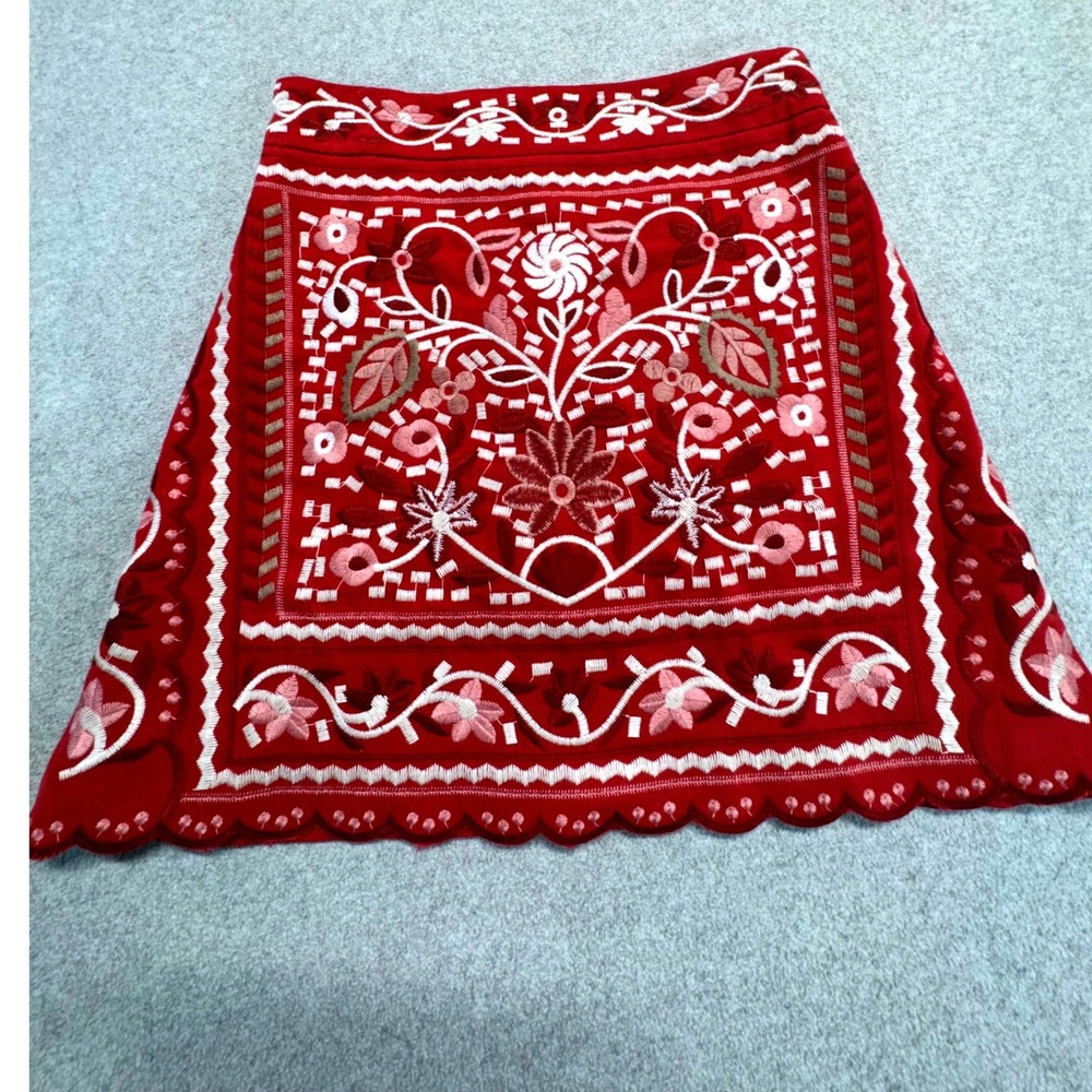 Altar'd State Embroidered Mini Skirt XS Red Floral Boho Scalloped Hem Cottage